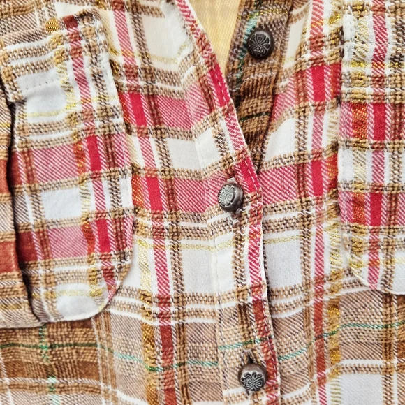 ARATTA Silent Journey Boho Button Down Plaid Embroidered Back Embellished Medium - Picture 3 of 8